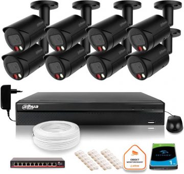 Dahua 4MPx 2K IP novērošanas komplekts 8 melnas āra kameras ar 1TB disku